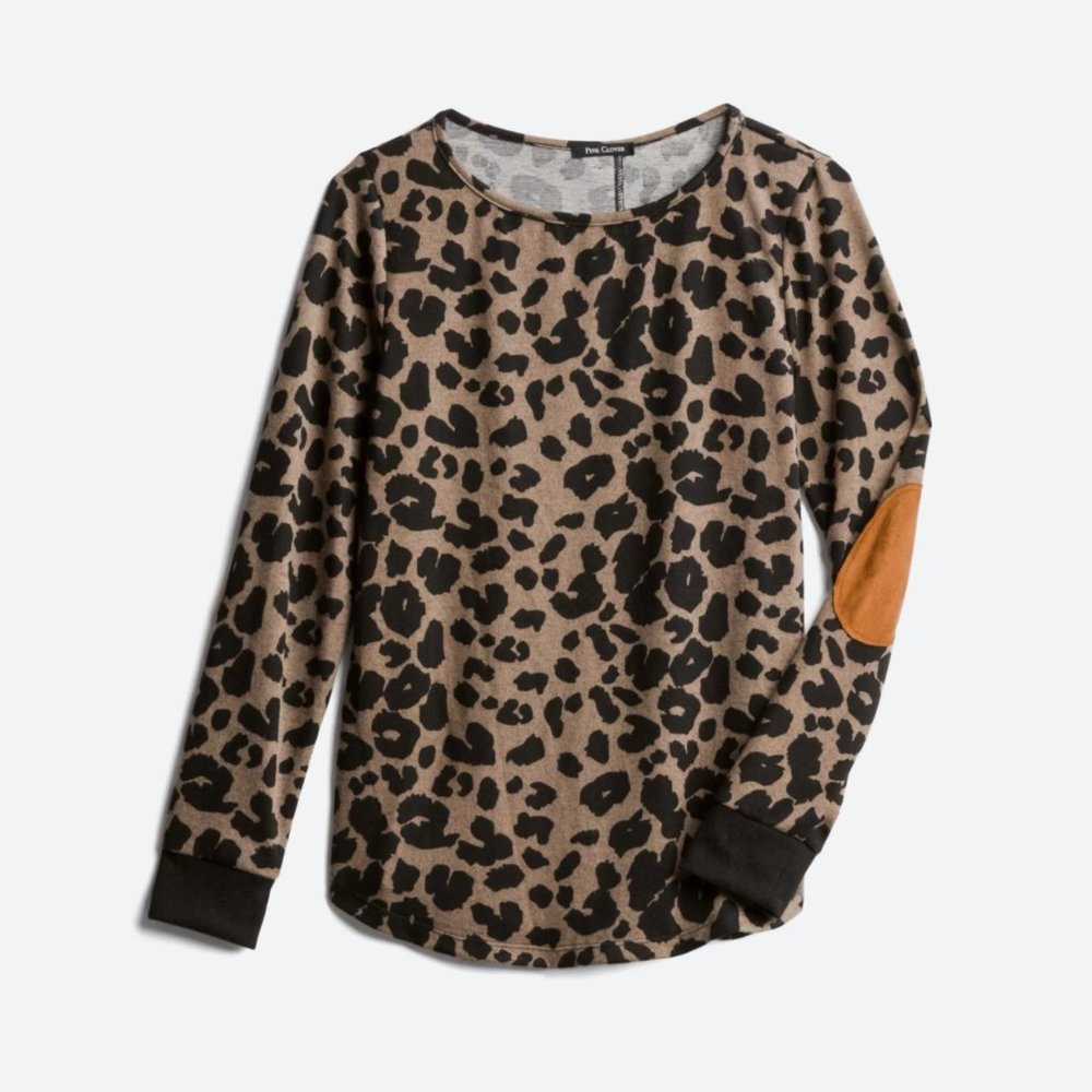 Pink Clover, Abby Button Back Knit Top, Brown Leopard, Small.  NWT